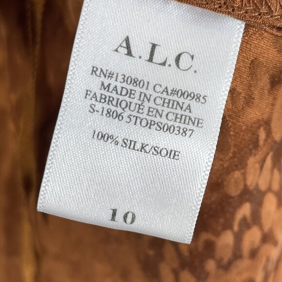 A.L.C. Blouse Womens 10 Brown Silk Wrap Top Puff Sleeve Peplum Jacquard Tie Belt - Picture 6 of 11